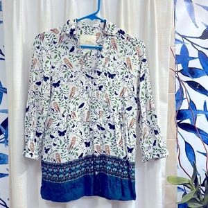 Women’s Anthropologie Maeve 3/4 Sleeve Owl Bird Butterfly Button Up Top Size 2